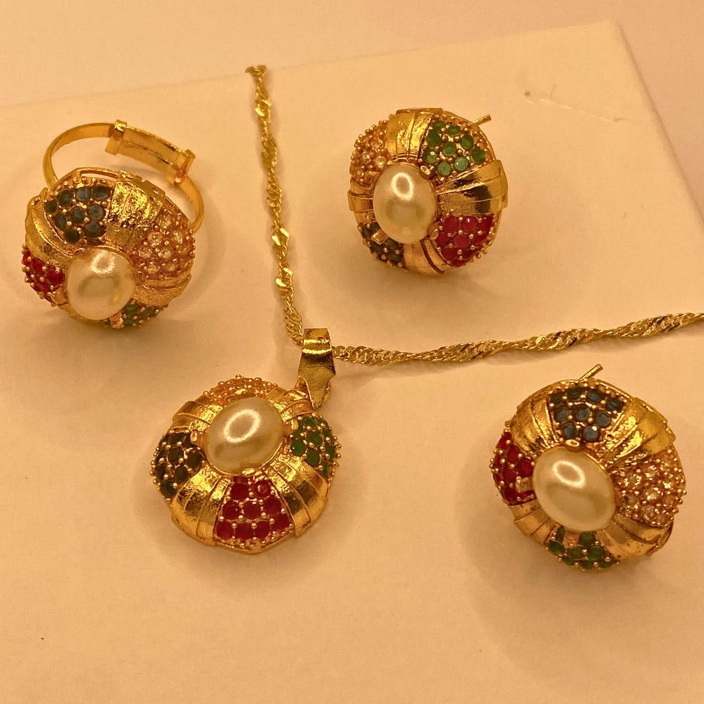 Traditional Luxury Gold Plated Multi Stones Necklace Set For Women/Girls