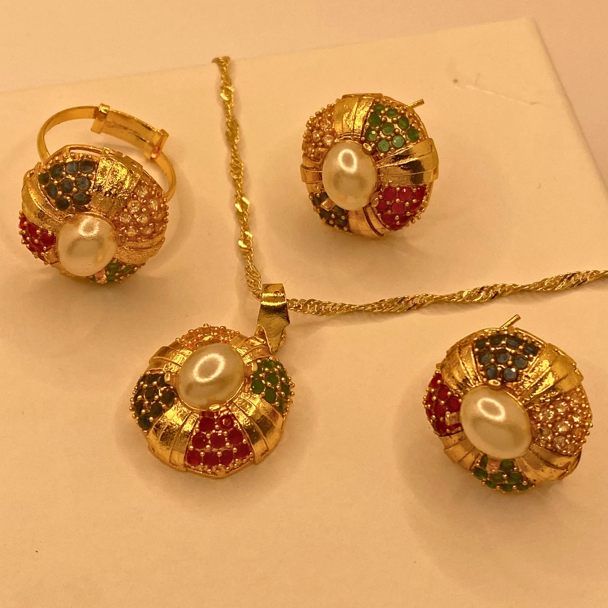 Traditional Luxury Gold Plated Multi Stones Necklace Set For Women/Girls