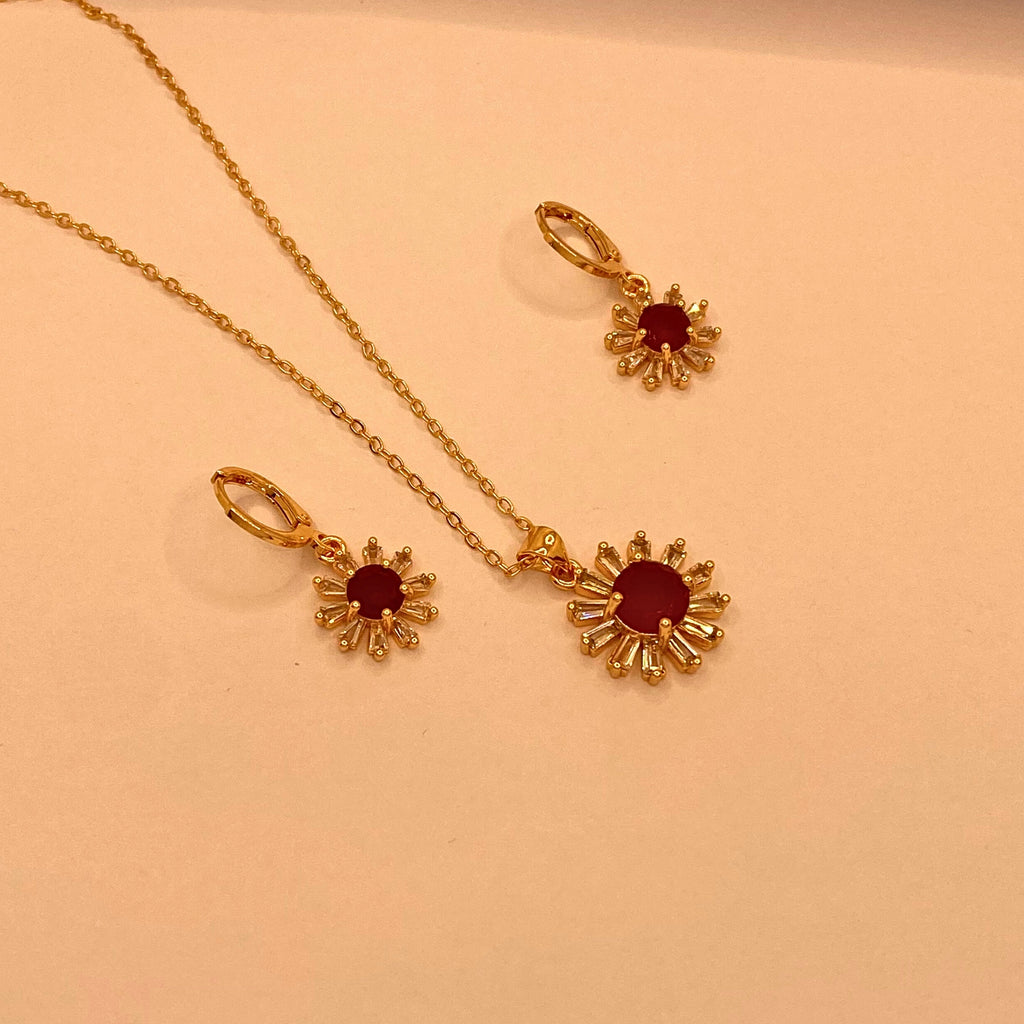 Simple Elegant Red Flora Zircon Design Necklace Set For Women/Girls.