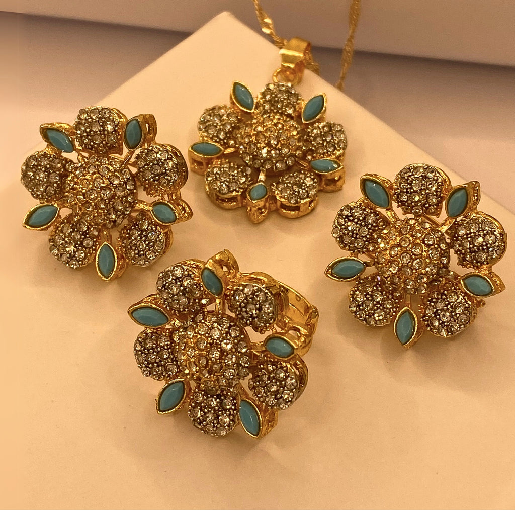 Luxury Gold Plated Flora Zircon with Feroza Petal Necklace Set For Women/Girls