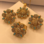 Luxury Gold Plated Flora Zircon with Feroza Petal Necklace Set For Women/Girls
