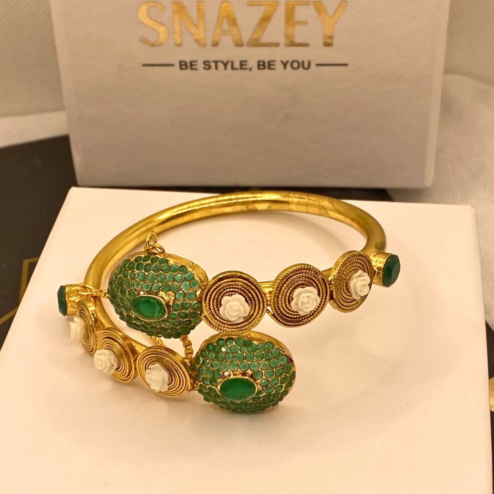 Luxury Gold Plated Handcuff with Green Stones & Pearl Detailing for Girls/Women