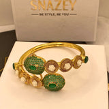 Luxury Gold Plated Handcuff with Green Stones & Pearl Detailing for Girls/Women