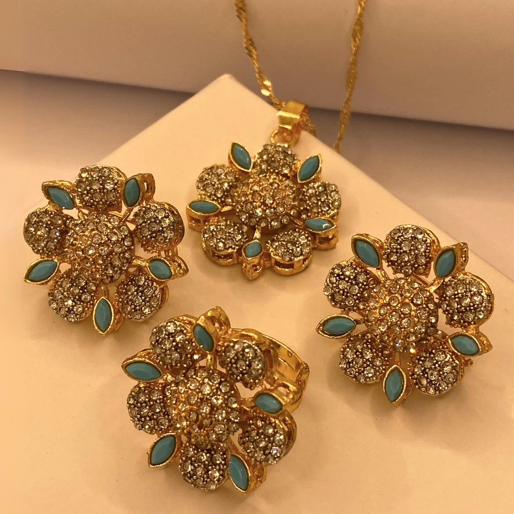 Luxury Gold Plated Flora Zircon with Feroza Petal Necklace Set For Women/Girls