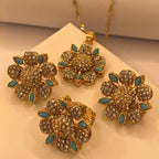 Luxury Gold Plated Flora Zircon with Feroza Petal Necklace Set For Women/Girls