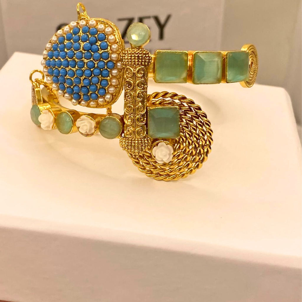 Stylish Handmade Mint stone Gold Plated Hand Cuff for Girls/Women