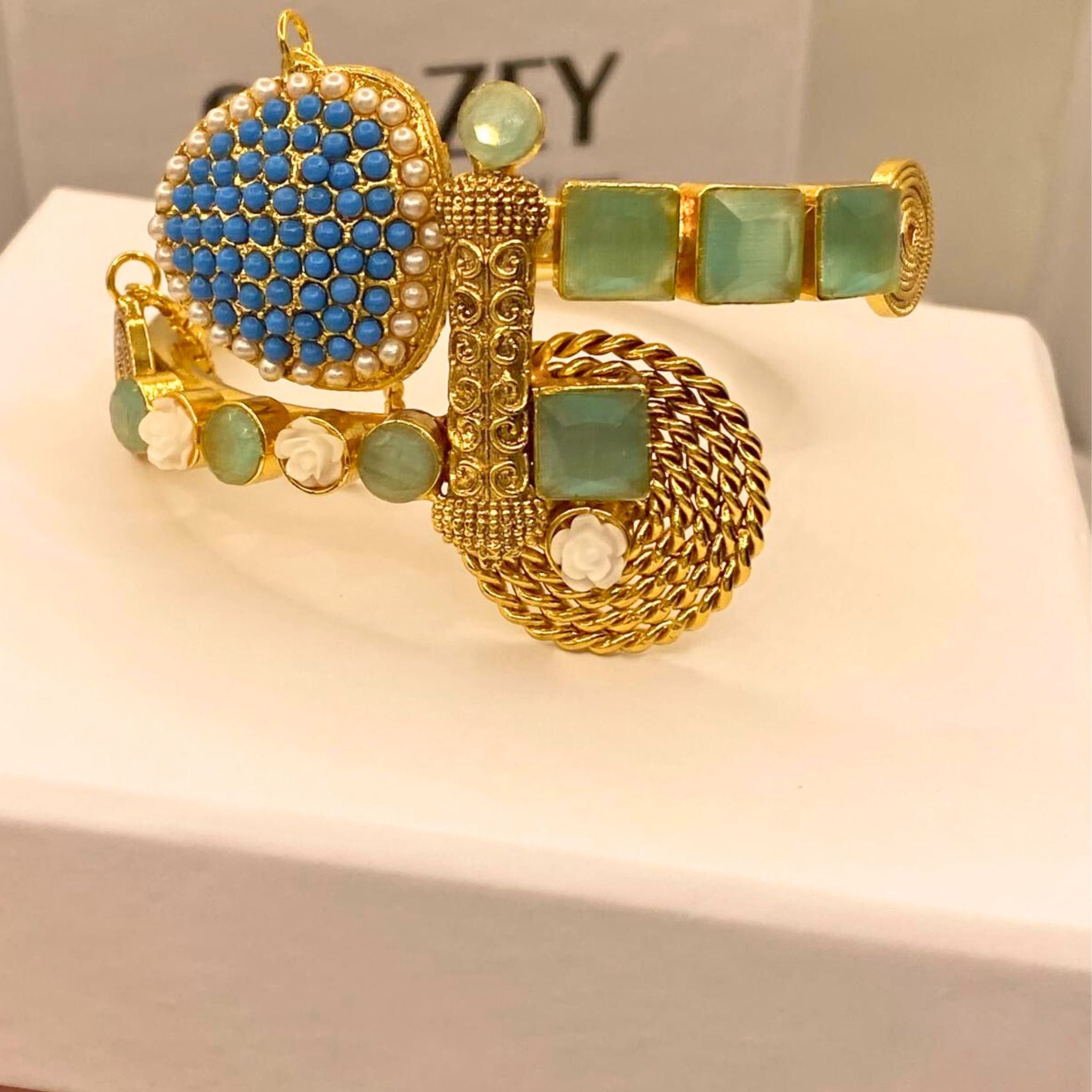 Stylish Handmade Mint stone Gold Plated Hand Cuff for Girls/Women