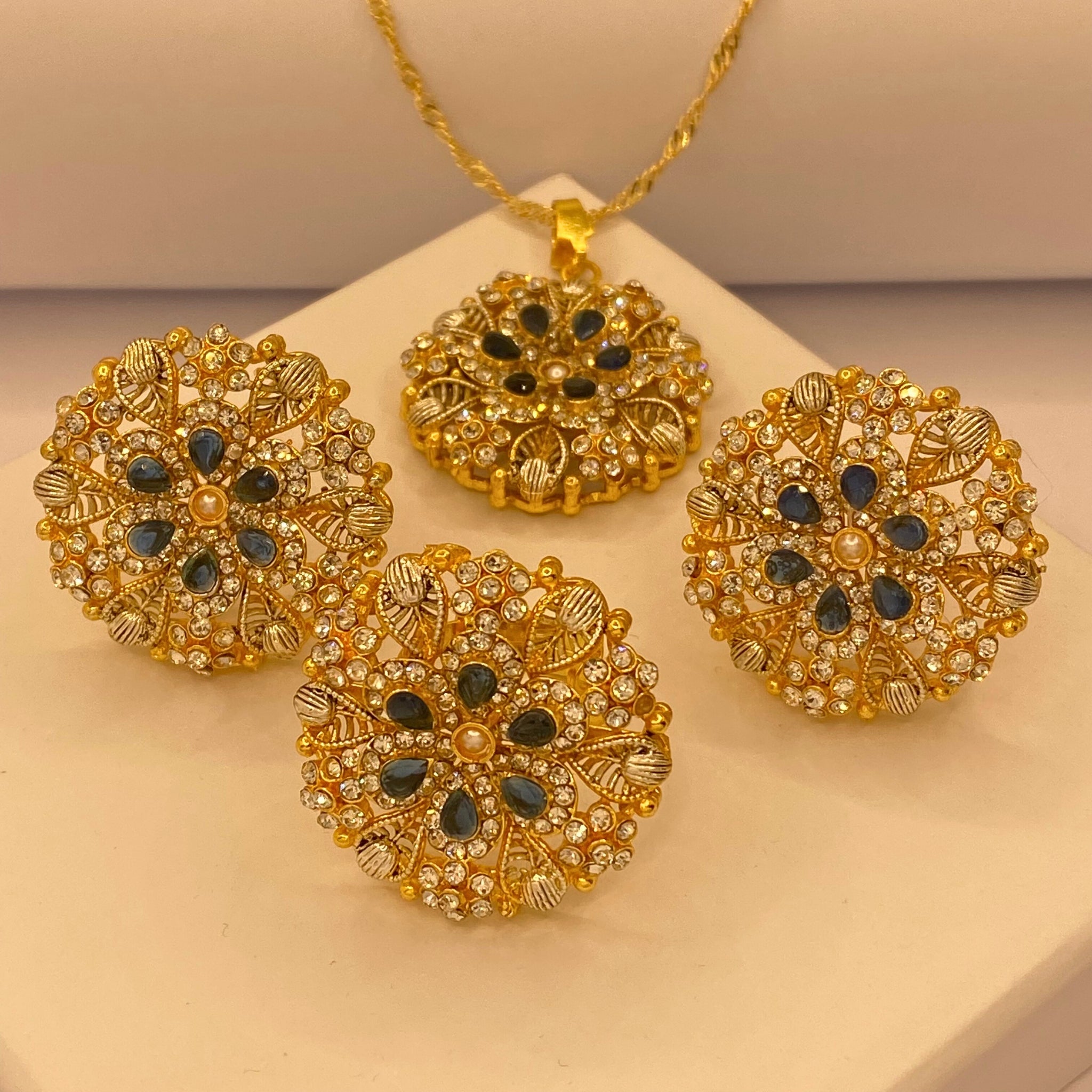 American Diamond Luxury Gold Plated Sapphire Necklace Set For Women/Girls