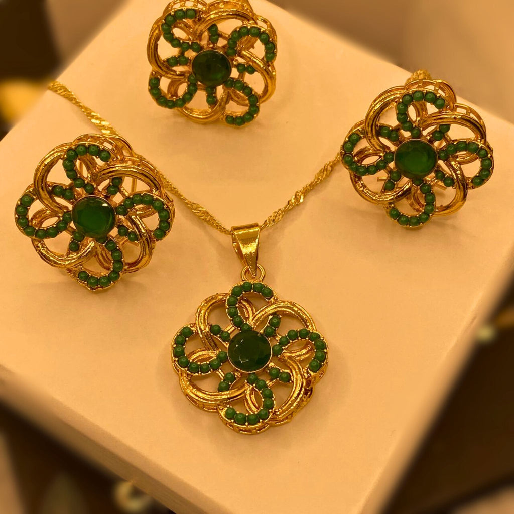 Premium Handmade Green Beads Gold Plated 4-Piece Locket Set for Women/Girls
