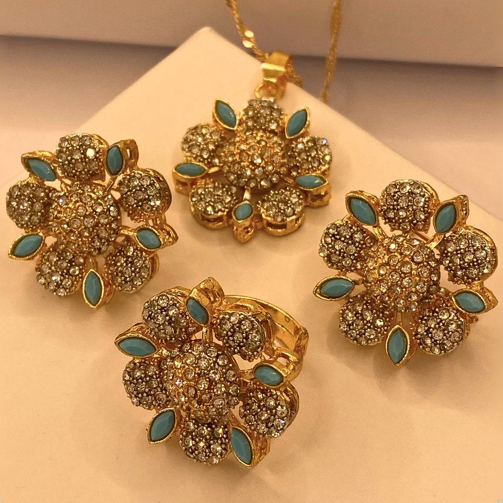 Luxury Gold Plated Flora Zircon with Feroza Petal Necklace Set For Women/Girls