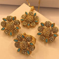 Luxury Gold Plated Flora Zircon with Feroza Petal Necklace Set For Women/Girls
