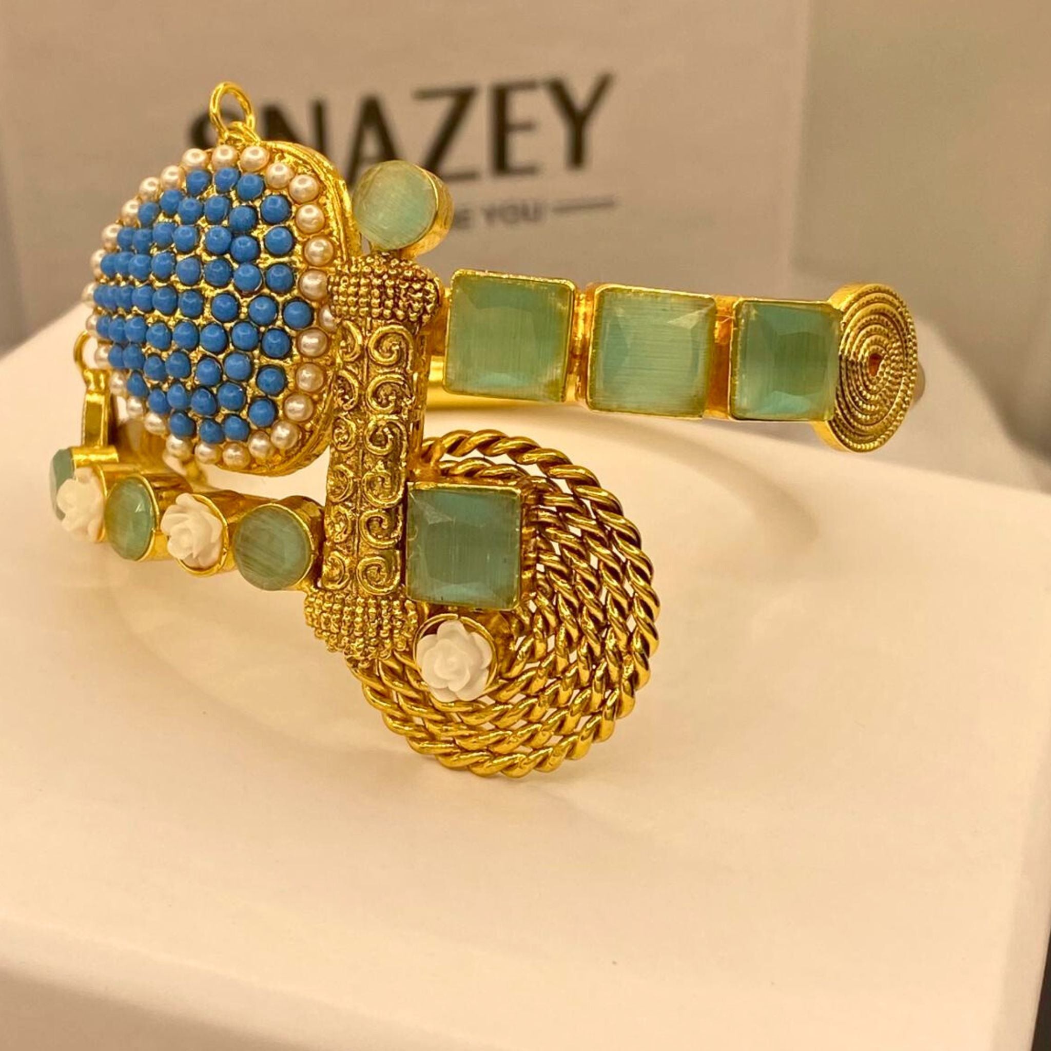 Stylish Handmade Mint stone Gold Plated Hand Cuff for Girls/Women