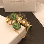 Luxury Gold Plated Handcuff with Green Stones & Pearl Detailing for Girls/Women