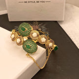 Luxury Gold Plated Handcuff with Green Stones & Pearl Detailing for Girls/Women