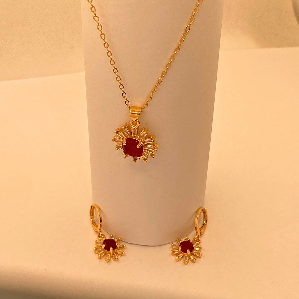 Simple Elegant Red Flora Zircon Design Necklace Set For Women/Girls.