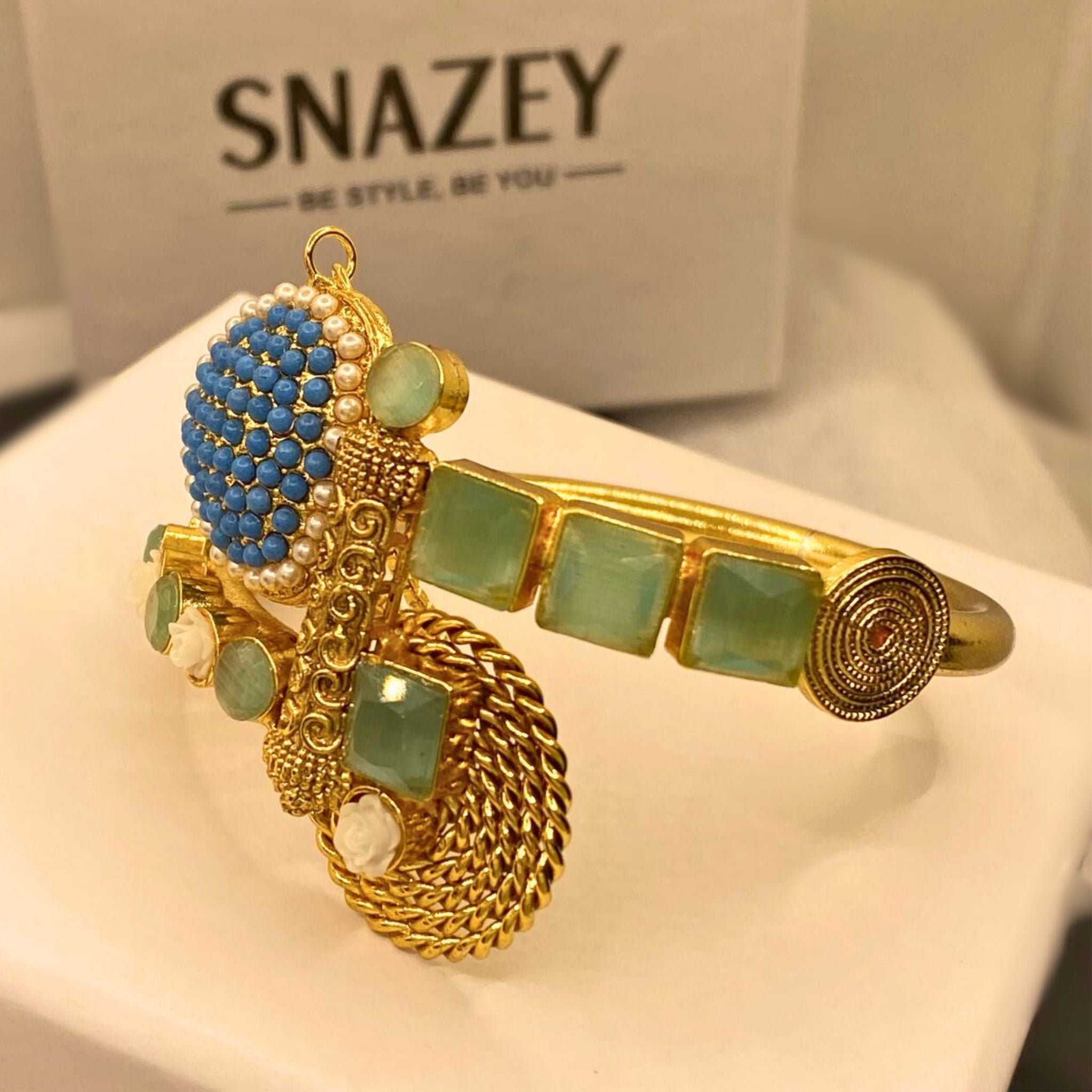 Stylish Handmade Mint stone Gold Plated Hand Cuff for Girls/Women