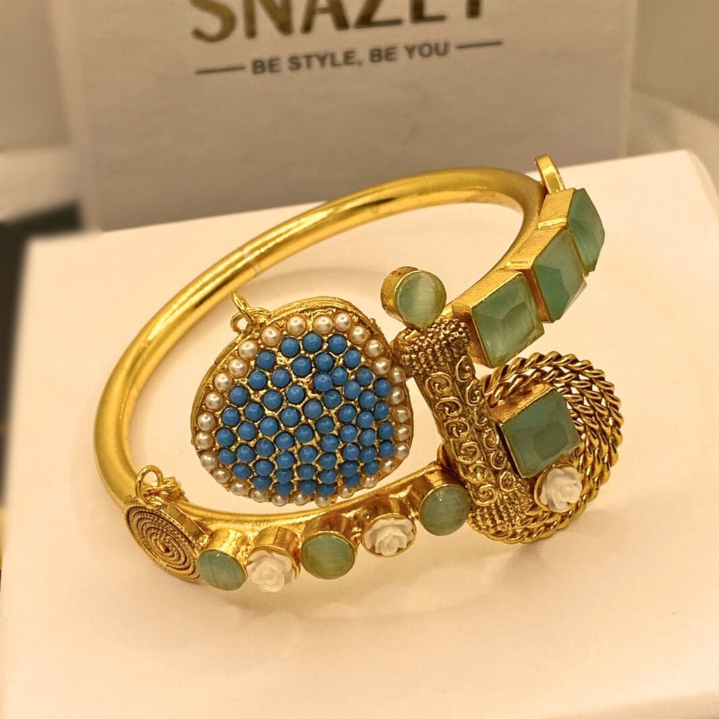 Stylish Handmade Mint stone Gold Plated Hand Cuff for Girls/Women