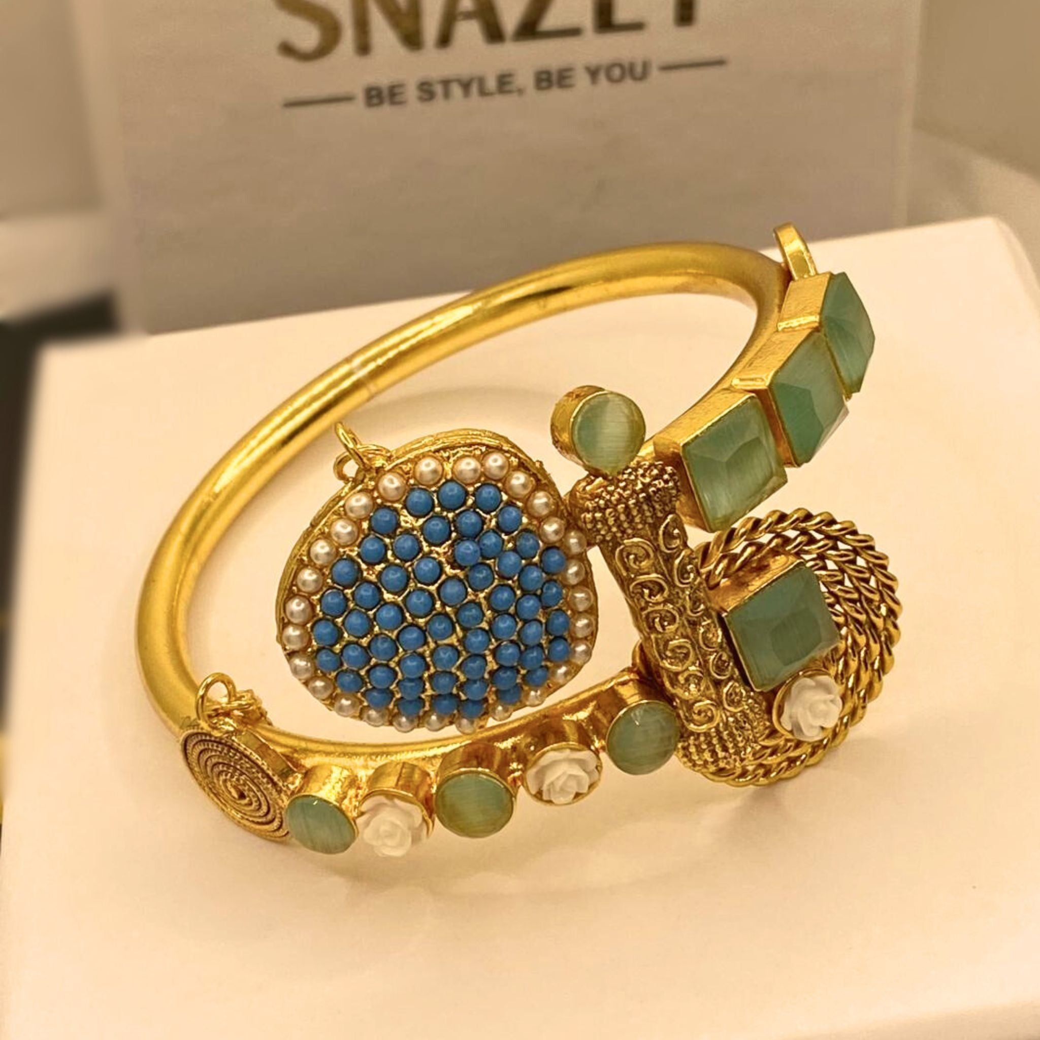 Stylish Handmade Mint stone Gold Plated Hand Cuff for Girls/Women